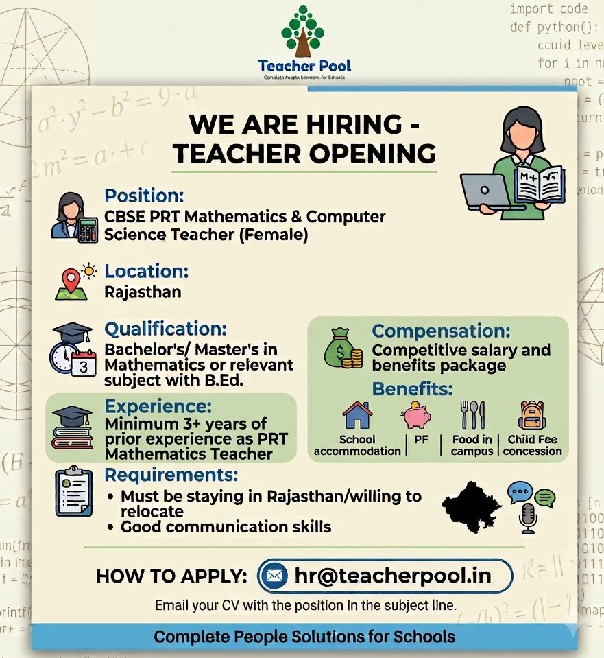 pool_teacher's tweet photo. We are hiring a CBSE PRT Maths &amp; Comp Sci Teacher in Rajasthan. Qual: Bachelor's/Master's in Maths + B.Ed, Exp: 3+ years;  Perks: Accommodation + PF + Food + Child Fee Concession
Send your CV to hr@teacherpool.in
#TeacherJobs #RajasthanJobs #TeacherPool https://t.co/QIcD7vMkIk
