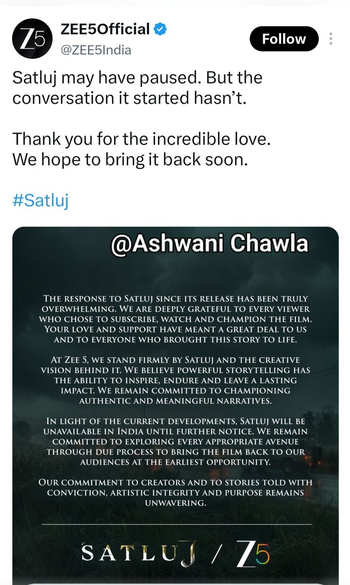 Ashwani_Chawla3's tweet photo. जसवंत सिंह खालड़ा की जीवनी व पंजाब से गायब हुए 25000 नोजवानो कप ढूढने की करवाई पर बनी पंजाब पुलिस के खिलाफ फ़िल्म *Satluj* को @ZEE5India ने फिलहाल अपने प्लेटफार्म से हटा दिया है। यानी एक बार फिर से फ़िल्म पर पाबंदी लग गयी है।

@diljitdosanjh का क्या बस यह कसूर है कि उन्होंने सच्ची घटना पर फ़िल्म बनाई है। क्या आज भी सच बोलने पर पाबंदी है ???