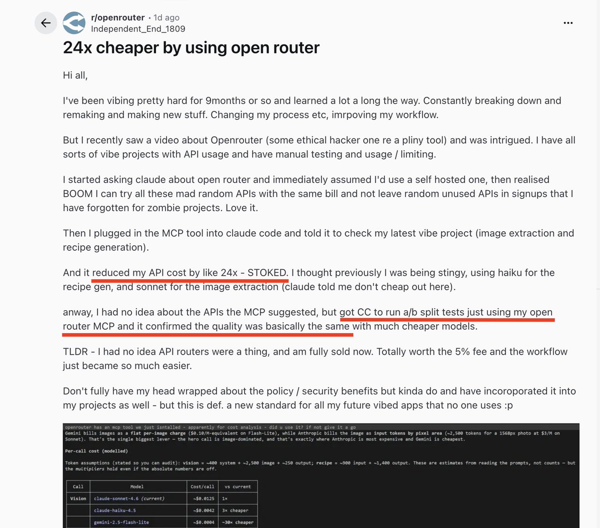 Saving 24x on inference costs with comparable quality, using the OpenRouter MCP: