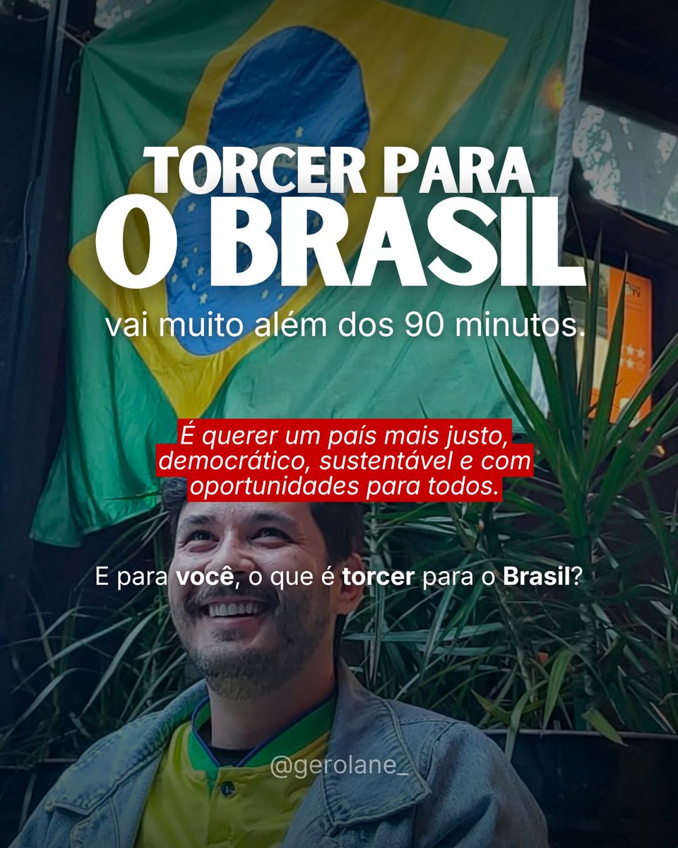 gerolane_'s tweet photo. No fim das contas, torcer pelo Brasil é acreditar que ele pode ser um país melhor: e defender isso todos os dias, não apenas quando a bola rola.

E, para você, o que significa torcer pelo Brasil? 🇧🇷💭

#Brasil #Jogo #copa https://t.co/c9UoZT52Vv