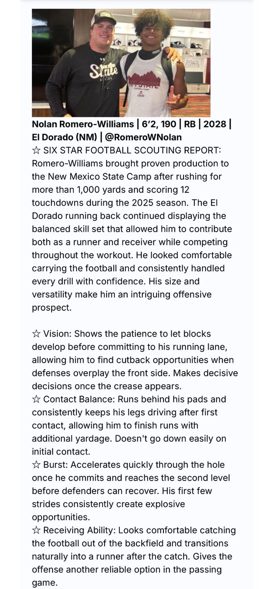 RomeroWNolan's tweet photo. Thank you @sixstarfootball for the feature, I really appreciate it. Grateful for the opportunity and ready to keep working. 
@PrepRedzoneNM @nmpreps @NMStateFootball @CanaanYarro 
#agtg  #football
#recuritme https://t.co/cHF44rgiht