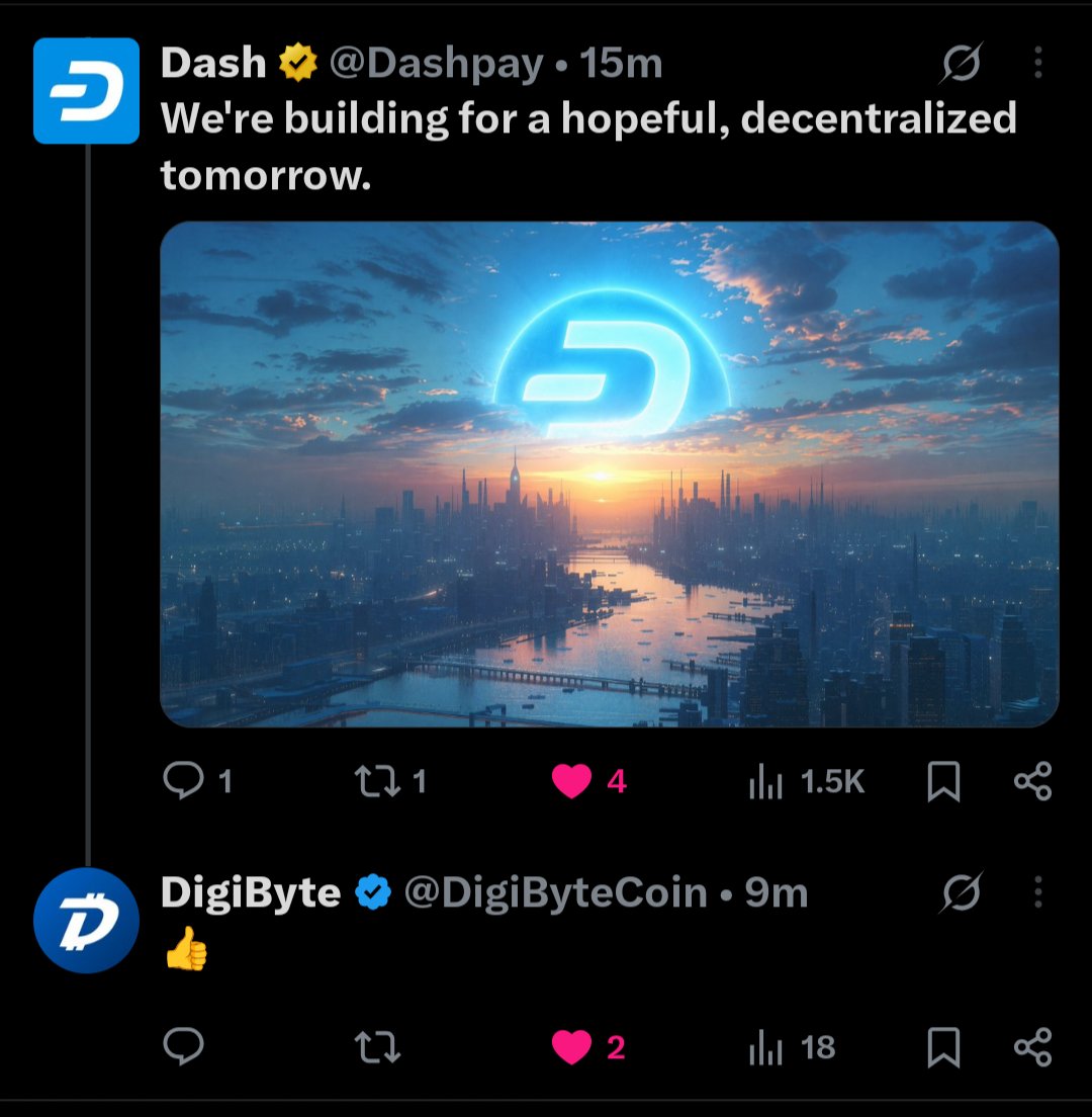 machine10101's tweet photo. I'm so bullish when I see my 2 favorite #decentralized projects bro posting on @X 

The future is looking good broskis! lets build the people financial freedom built for the #people 

@Dashpay @DigiByteCoin #dash #dgb #DD https://t.co/4Nu9Xuy6hP