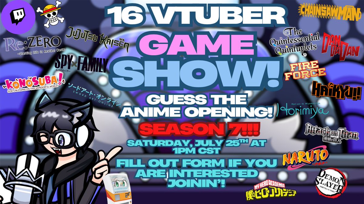 Jaypaaaaa's tweet photo. 🚨VTUBER GAME SHOW COLLAB! LOOKING FOR CONTESTANTS!🚨
WE'RE SO BACK! 'Guess the Anime OP' is returnin' on July 25th at 1PM CST, so if you are interested in joinin' a cool Game Show on that day, absolutely feel free to join in! No anime knowledge is required to join either, this is all purely for fun and to make new friends! All the rest of the info will be in the discord server once I have chosen contestants in a week or later, dependin' how many will sign up! To sign up, use this google form and fill it out to enter this very cool Game Show! Hope to see y'all there!
.
https://t.co/3nspk17rnK
.
#vtuber #vtubers #vtuberstreamer #vtuberstreamers #twitch #twitchstreamer #twitchstreamers #youtube #youtubestreamer #youtubestreamers #gameshow #gameshowcollab #anime #animeopening #animeopenings #streamer #stream #streaming #collab