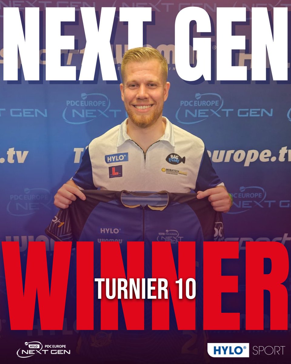 PDCEurope's tweet photo. Final jinx broken! 👊💥
Jaimy Van de Weerd wins his very first title at the Hylo PDC Europe Next Gen! 🏆
In a rematch of yesterday's final, Van de Weerd defeats Jan Schmidt 6-4 to claim his first title in his fifth Next Gen final of the season. 💪 https://t.co/xHOrS9plBY