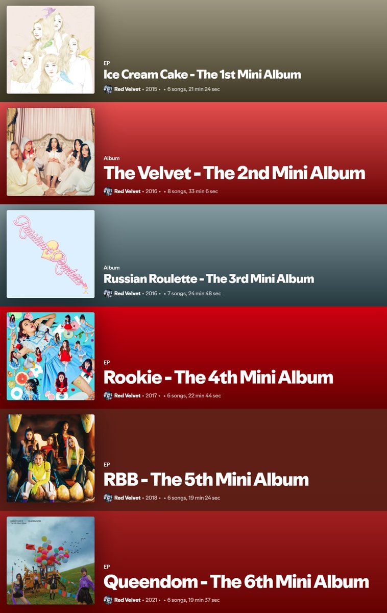 seurrene_'s tweet photo. red velvet and their discography according to spotify (UPDATE)

velvet summer joins the summer mini album line!! 😍 

no one can do it like red velvet 😌 https://t.co/NuNgOWHPX4