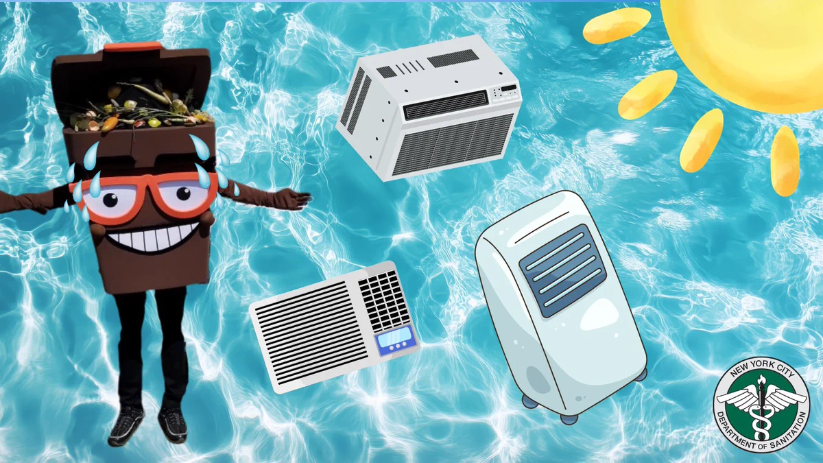 Scrappy the composting mascot poses next to three different portable AC units. They are against a background of pool water. 
