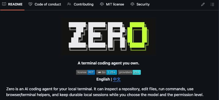 RoundtableSpace's tweet photo. Zero is a terminal coding agent you actually own.

* Bring any model you want - OpenAI, Anthropic, Gemini, DeepSeek, Ollama, 25+ providers
* File writes, shell commands, and network access all go through its own permission and sandbox layer
* Sessions stored locally, resumable, never uploaded as telemetry

Most coding agents pick your model for you, keep your data, and quietly call home.

Zero flips the default: you choose the model, you set the permissions, you keep the context.

Github: https://t.co/zdi6Yl2YCj