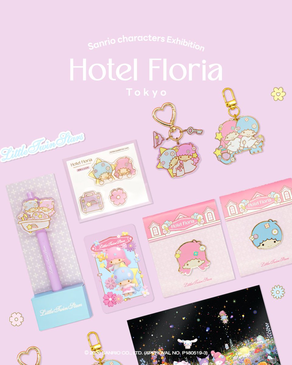 HotelFloria_JP's tweet photo. 🌸#ホテルフローリア🌸
#リトルツインスターズ がいっぱい🌟🌟

韓国で大人気だったグッズが日本初展開！
ラゲッジタグや鍵モチーフのメタルキーチェーン
など「Hotel Floria」ならではのグッズが
盛りだくさん🏨
🔗https://t.co/p4AlueUqvR

#サンリオ #サンリオキャラクターズ https://t.co/odwMl2tlg8