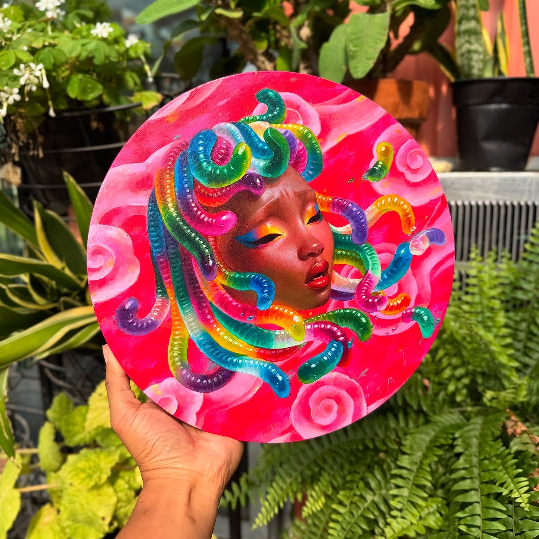 baotpham's tweet photo. Prints are now in my bio!✨
The "Gummy Gorgon" in her garden🌿🌈🍬🐛🍭💧. An acrylic piece I haven't fully shared yet from a little show back in March✨ Slide for details and wip!🛝
-
Come see me and her at  in Cedar Rapids, IA this Saturday! I'll have brand ... https://t.co/tClcPGd9qU