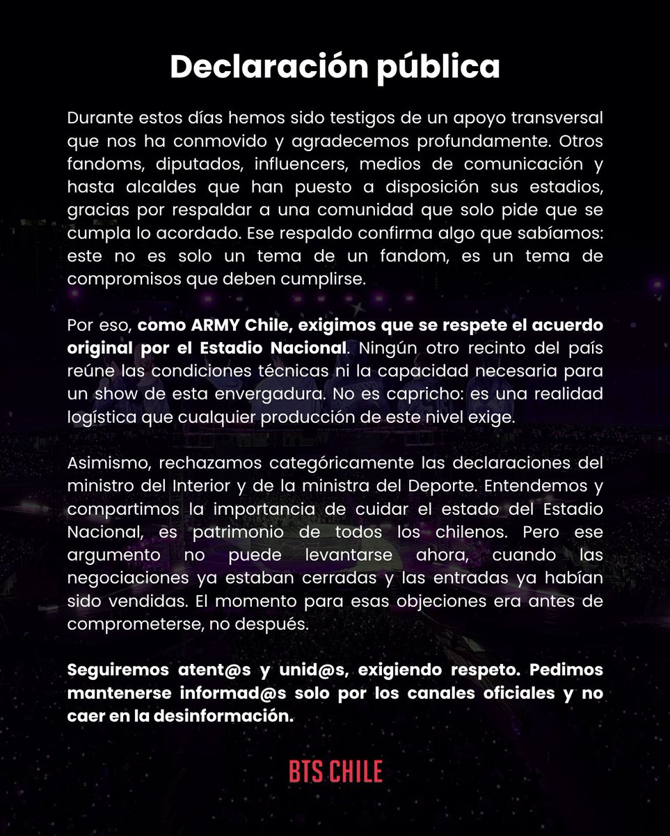 mariacirano's tweet photo. Basta de esta burla, @bts_bighit merece el Estadio Nacional.

#BTSALNACIONAL #BTSENCHILE #BTSCHILE #QUEREMOSABTSENELNACIONAL
@dgmedioschile  @INDChileOficial @MindepChile @NataliaDucoSole @Ministro_Alv https://t.co/NRNumQA8vj