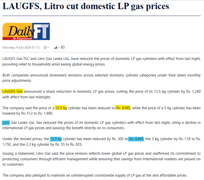 Channa_Amare's tweet photo. With recent cut in LP gas prices, #LGL gas' premium over Litro gas has fallen to Rs500 (for 12.5 kg) vs Rs1,480 earlier
Lower differential may help LGL lift revenue and cut losses
LGL reported 4Q26 net loss of -Rs1.6 bn
➡️ Its book value was negative as at March 2026
#CSE #lka https://t.co/LxylLCOuFj