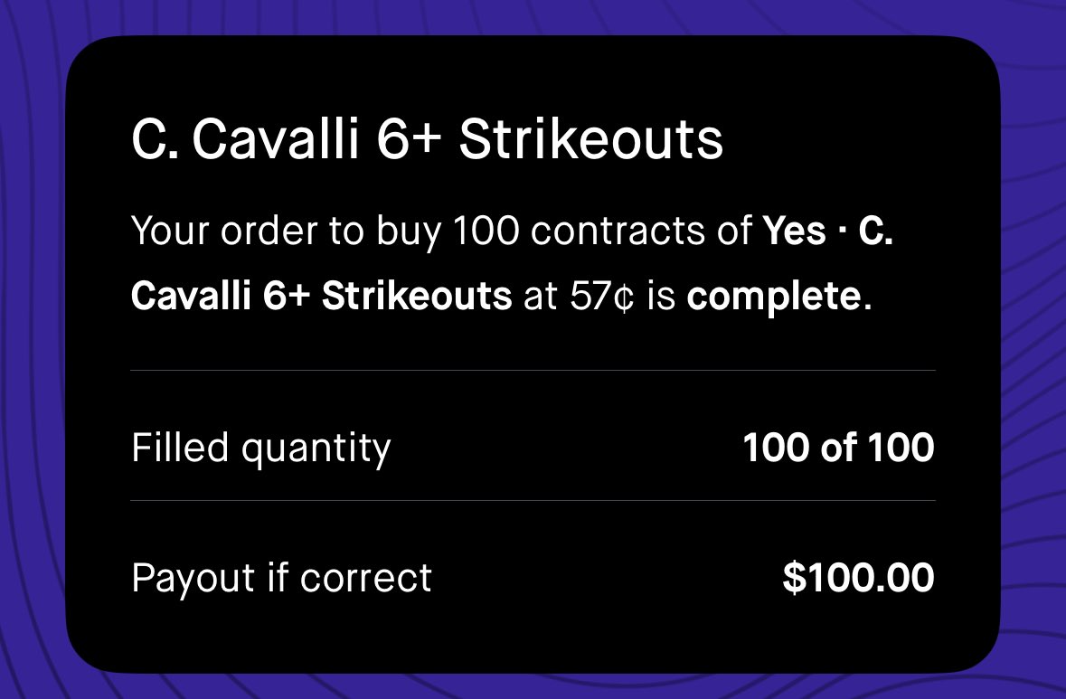 officialatrin's tweet photo. Cade Cavalli goes 6+ strikeouts today. I’m locked in🔒

Betting the market’s sleeping on his stuff right now — 57¢ feels like a gift. https://t.co/9W94cWs8Rv