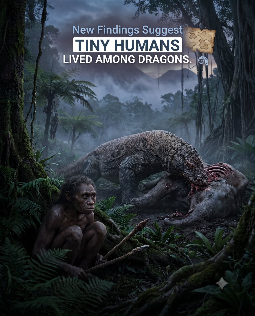 MystFacts's tweet photo. They were real. A species of tiny humans just 3½ feet tall once walked the Earth — and science just rewrote their story. 🦴

On the remote Indonesian island of Flores lived Homo floresiensis, nicknamed the "Hobbits." For years, scientists believed these little humans were clever big-game hunters, bringing down dwarf elephants with tools, teamwork, and fire — impressive feats for a brain the size of a chimpanzee's.

But new research just shattered that image. 🐉
Scientists re-examined the ancient elephant bones found alongside the Hobbits — and discovered the telltale bite marks of Komodo dragons, the island's monstrous apex predators. The dragons had eaten first, claiming the richest, most nutritious parts.

The Hobbits? They were the scavengers. They crept in for the scraps the dragons left behind.

And that "evidence" they cooked with fire? Out of over 3,000 bone fragments, only a single one was burnt — likely from our species, arriving on the island long after the Hobbits were gone.

It paints a haunting new picture: a tiny, fragile people surviving in the shadow of dragons, on an island that time forgot. 🌋
