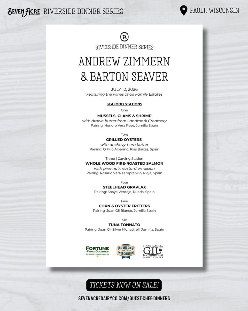 andrewzimmern's tweet photo. Good food is always better when it's shared, and Barton and I would love to share this evening with you.

Join us on July 12 at @sevenacredairyco in Paoli, Wisconsin for a one-of-a-kind Seafood Soirée celebrating the recipes and stories from The Blue Food Cookbook.

Visit Seven Acre Dairy Company's website to learn more and reserve your tickets. We can't wait to see you there.