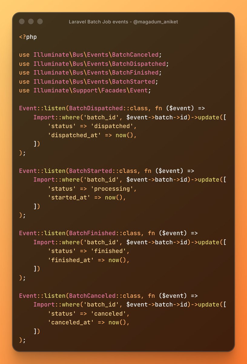 magadum_aniket's tweet photo. Hey Laravel Developers,

Laravel Job Batches allow us to easily group closely related jobs and execute certain actions after the jobs in the group have been processed.

I have personally used the batch feature for bulk data uploads into a system.

In a recent version of Laravel, a new BatchStarted event was added. This event is triggered whenever the first job in the batch is processed, whether it succeeds or fails.

Using this along with the existing BatchDispatched, BatchCanceled, and BatchFinished events, we can store useful information to display to end users about the progress of the operation.

#laravel #php
