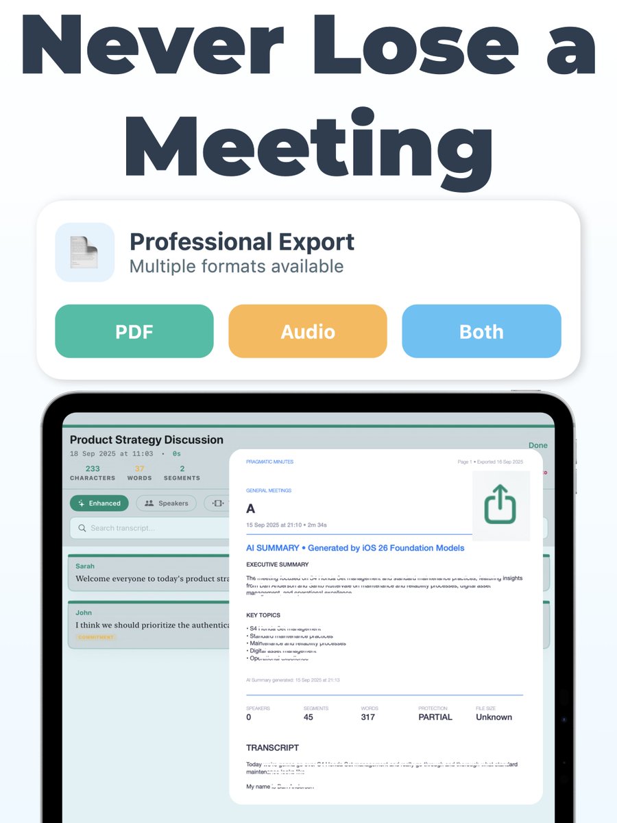Pragmathema's tweet photo. Every upload is a liability you don't need. Every login is a vulnerability you invited. 
🧵
#Unlimited #LongMeetings #NoLimits #Simple #DataPrivacy #OnDevice #iOS26 #Privacy #Productivity #Focus #Minimalism #AI #Private https://t.co/bOE7kVn0pd