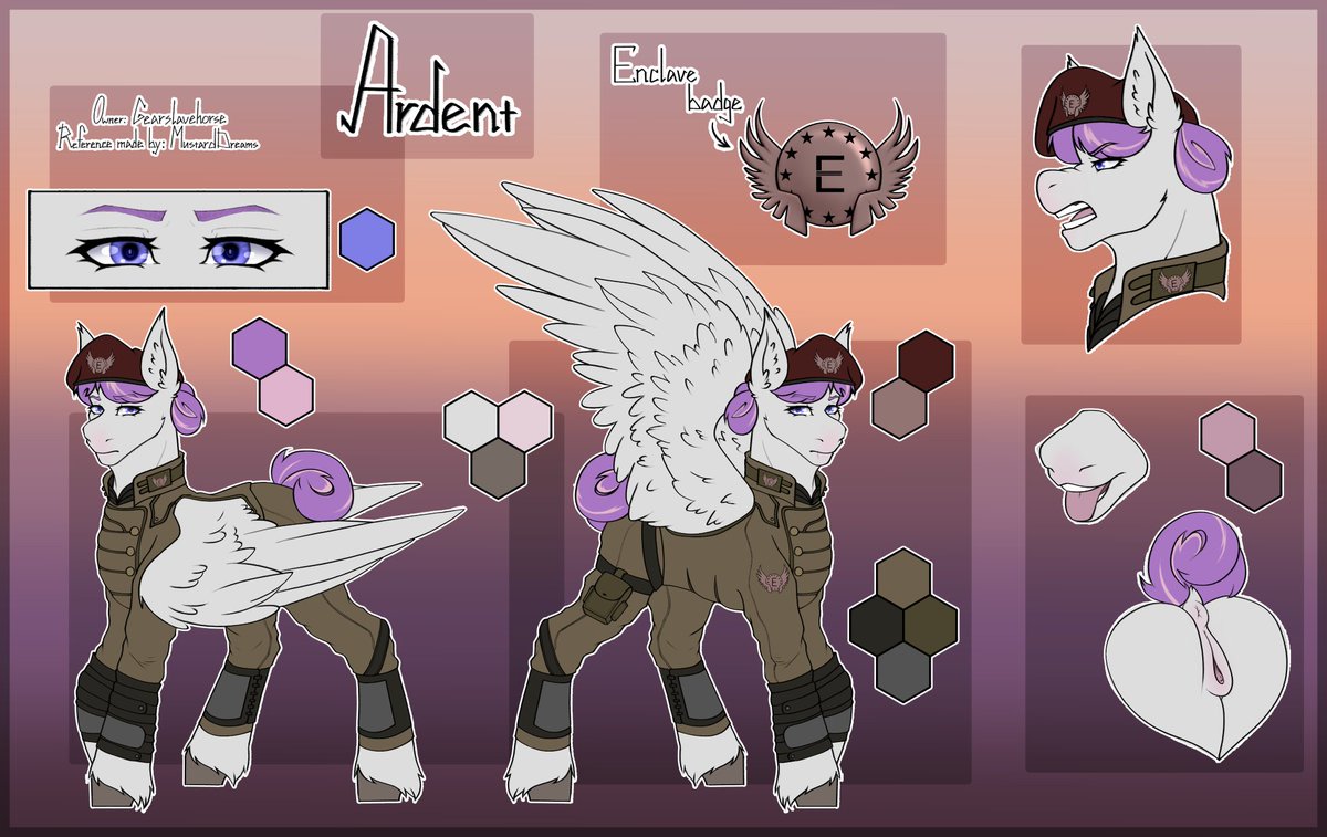 NsfwMustard's tweet photo. Aaaaaanother reference commission done for darling @gearslavehorse 
Enclave pegasus Ardent is on duty 🫡
Of course, with a Heart butt™💝 https://t.co/0GfGrvf2a0