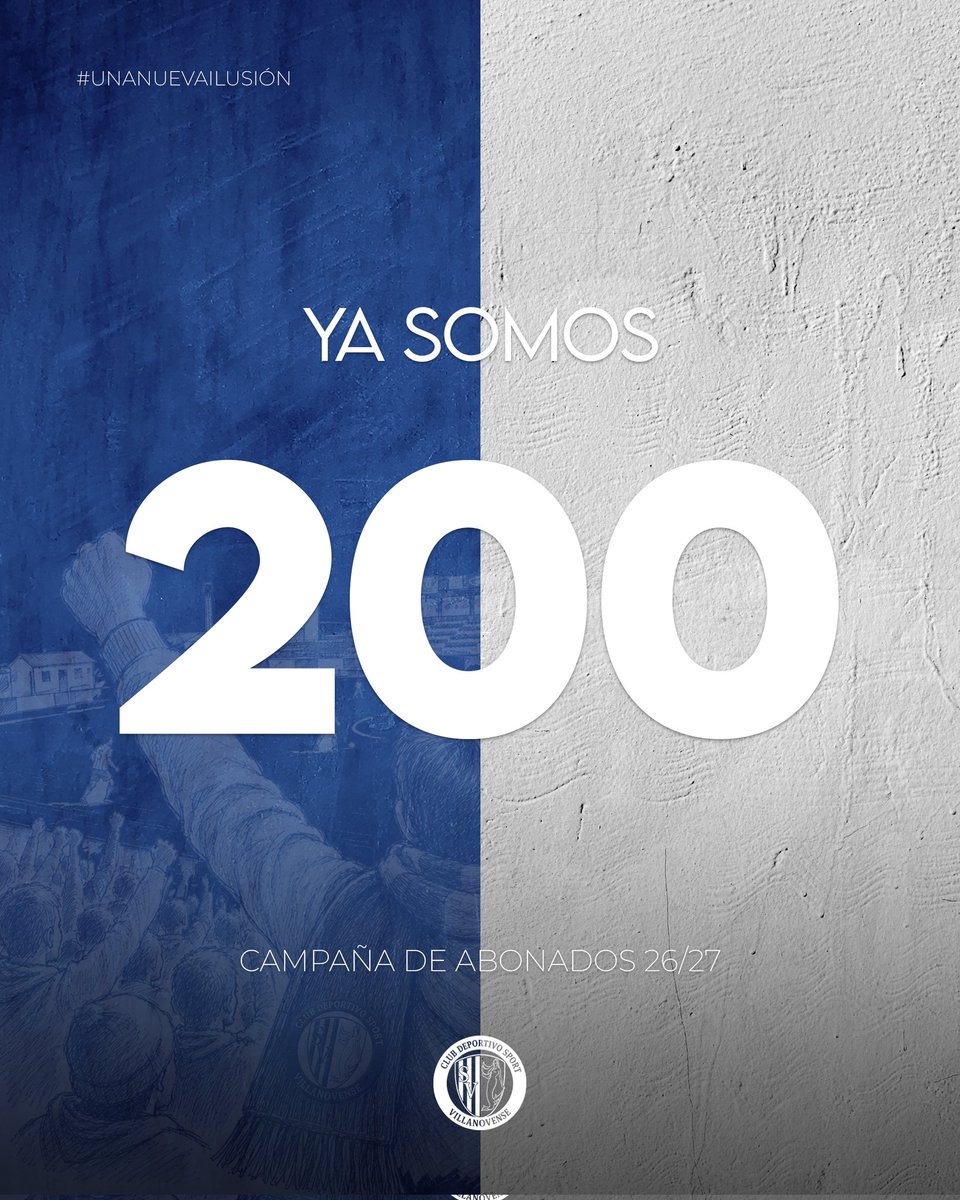Cdsvillanovense's tweet photo. 💙 200 veces GRACIAS 🤍

Ya hemos alcanzado los 200 socios y solo podemos decir una cosa: ¡GRACIAS!

Cada uno de vosotros hace más fuerte a este club. Sigamos creciendo, soñando y luchando juntos.

¡Vamos a por más! 💪🔥

#UnaNuevaIlusión https://t.co/DFKoXpKk7k