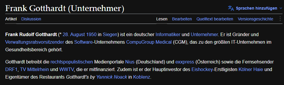 PolitBanause's tweet photo. Profitieren von der Ausweitung der Videosprechstunde tut auch die #CompuGroup Medical AG, die 8 zertifizierte Anwendungen laut KBV besitzt. 
Dieses Unternehmen gehört zum Imperium von Frank #Gotthardt (#NIUS/#Exxpress).
Gotthardt ist bestens vernetzt in der #CDU. #Krankschreibung https://t.co/SYlur4zPLC