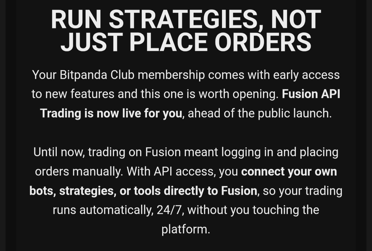 Golgoin's tweet photo. API trading is coming to @Bitpanda_global Fusion 🔥

Even if you don't do day trading, it can be quite useful for savings plans:
1) 0% fee EURCV savings plan on Broker
2) A script then regularly checks your balance
3) It then buys an asset on Fusion with just 0.25% fee :) https://t.co/FYAW7zpnoe