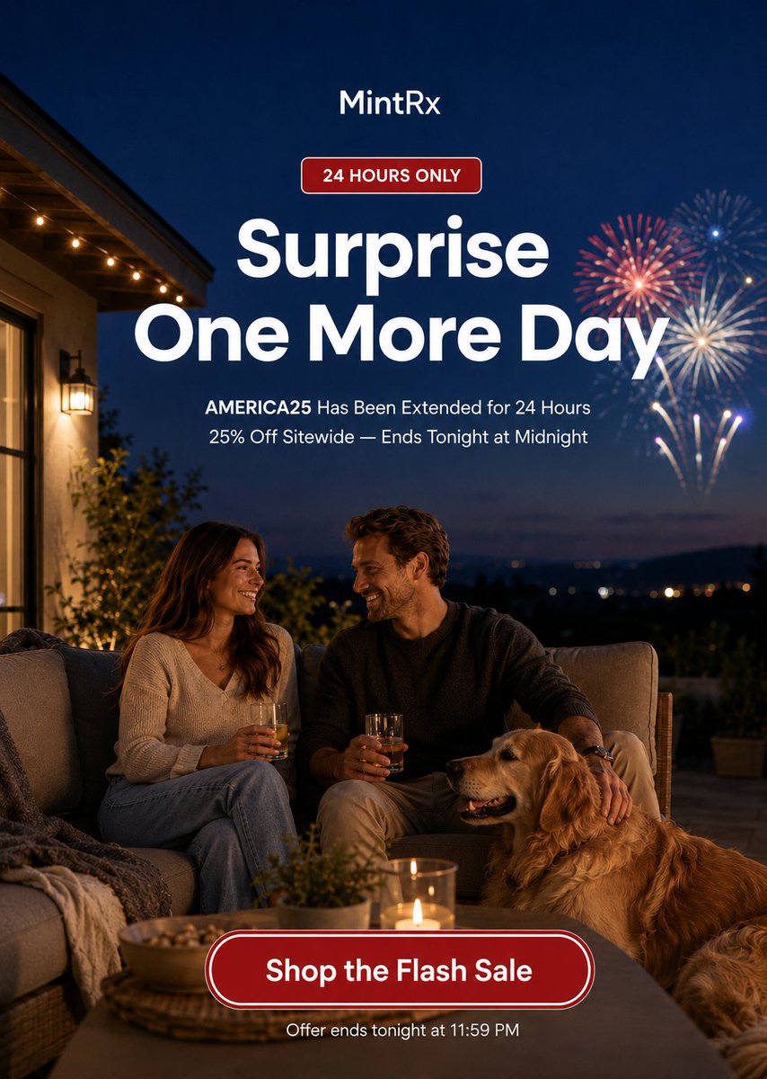 MintRxHealth's tweet photo. Surprise! One more day to save! 🎆
Our Independence Day sale has been extended for 24 hours only.
Use code AMERICA25 for 25% off site-wide before the clock runs out tonight. Shop now at MintRx 🇺🇸
#MintRx #FourthOfJuly #FlashSale #Wellness https://t.co/qAgUX69EVN