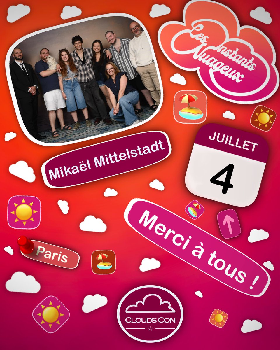 StarsConvs's tweet photo. #LesInstantsNuageux3 sont déjà terminés et pourtant, nous n’arrivons toujours pas à descendre de notre nuage.

Nous sommes très attachés à ce format de convention où ces moments sont suspendus. Cette édition était comme la réunion d’une famille entre l’équipe, Mikaël et vous. Nous souhaitons vous remercier du fond du cœur pour ces instants partagés.

On aura appris à épeler le kouign amann ainsi que le vrai nom de la pêche Melba. Ce seront des souvenirs qui resteront gravés !

Un Merci tout particulier à Mikaël Mittelstadt pour sa bienveillance et sa générosité, c’est toujours un plaisir de se retrouver !

Un grand Merci à notre staff incroyable (Inès et Éléonore) ainsi que nos prestataires de longue date : Véro, Serge et Stéphane (Reflex) pour avoir répondu présent à cet événement. Vous êtes au top, ne changez rien, on vous aime fort ❤️

Des remerciements également à toute l’équipe du Hilton CDG pour leur accueil et leur réactivité !

Passez tous un bel et agréable été ☀️
À bientôt pour de nouvelles aventures ⭐️☁️❤️

Nuageusement,
Rémy, Hugo et Milou