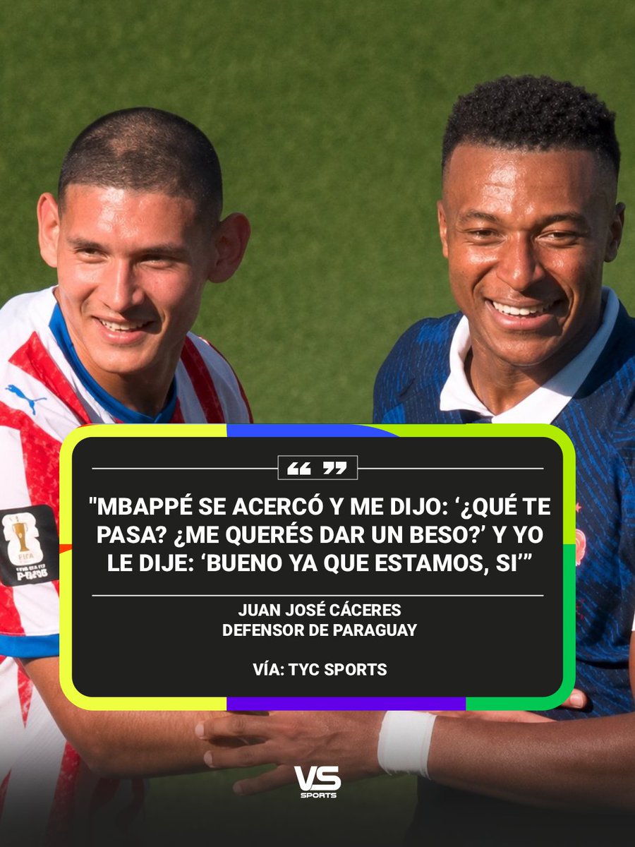 SomosVsSports's tweet photo. #VsSportsSomos26 | A lo que yo vine...😅 

Juan José Cáceres, defensor de Paraguay, comentó sobre una de las tantas charlas que tuvieron con el delantero de Francia, Kylian Mbappé, durante el caliente duelo en Philadelfia por la Copa del Mundo.  

#Mundial07 #Mundial2026 https://t.co/kFDmjKKAG0