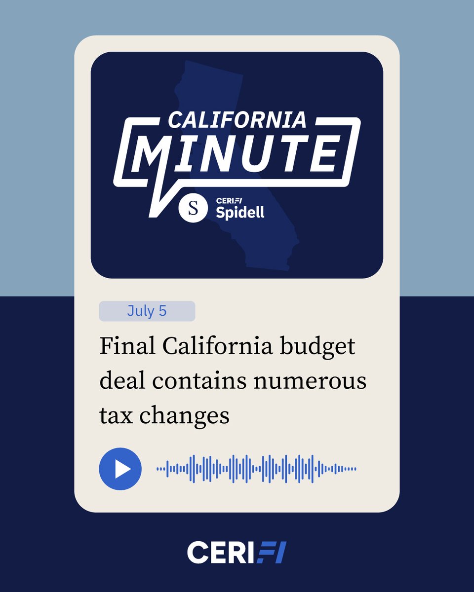 CAMinutePodcast's tweet photo. Numerous bills have been signed with California tax provisions such as sales tax on certain electronic software and other digital services and Trump account conformity: https://t.co/P49pyfjHIy
#Spidell #TaxPros https://t.co/YQIDZFewj9