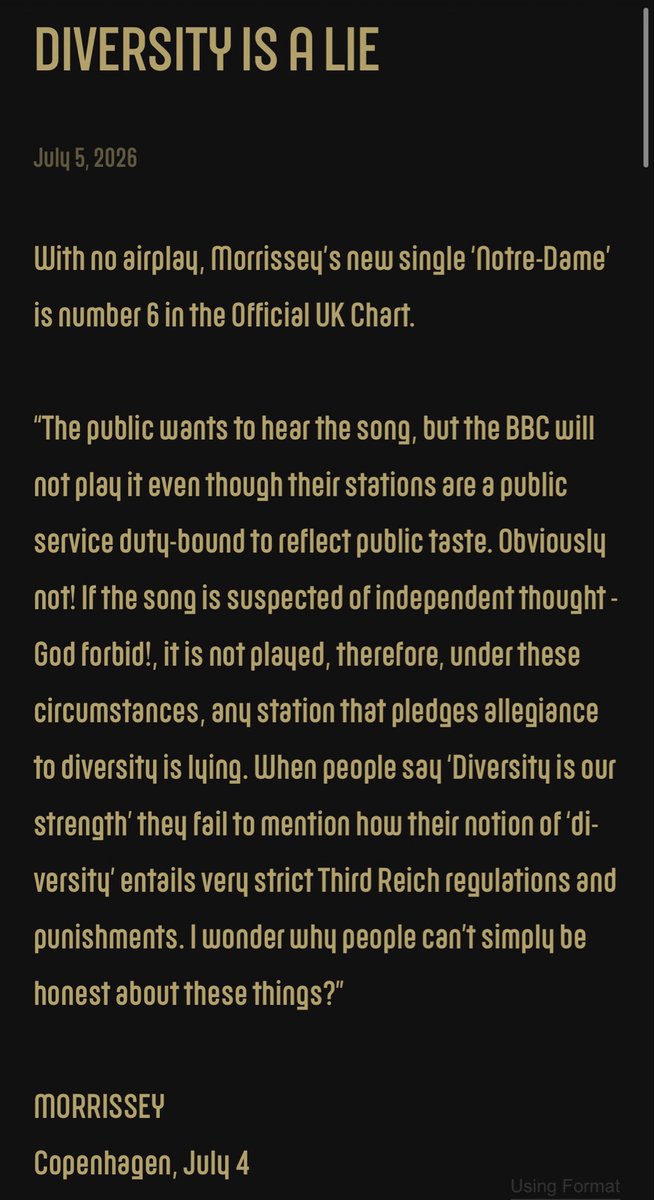 arthound87's tweet photo. “DIVERSITY IS A LIE”
Morrissey Central (5th July 2026) https://t.co/3vdpISDHYk