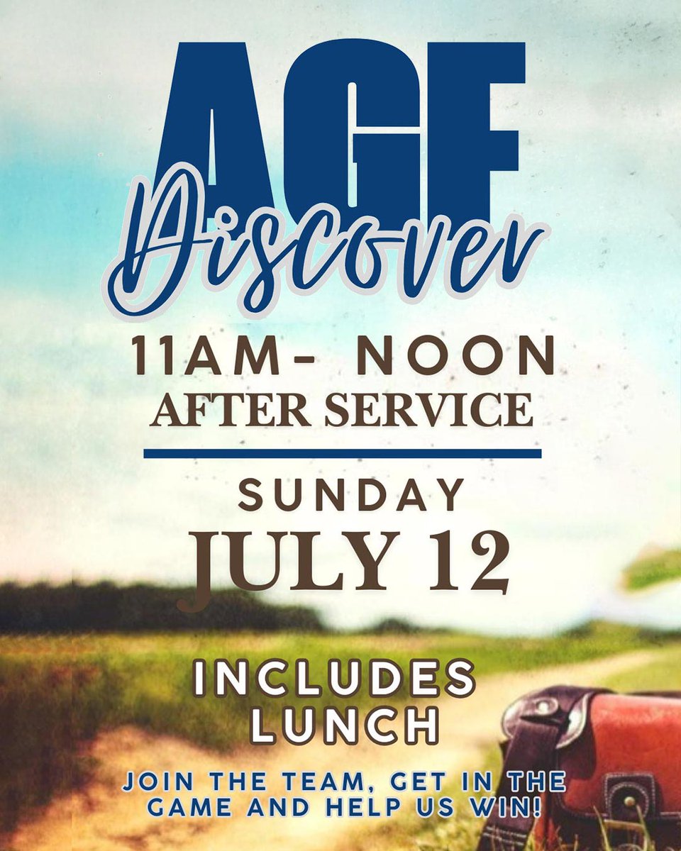 AGFpw's tweet photo. New to our church? Discover AGF! Next Sunday, July 12th after service, 11am-12pm. Join the team, get in the game, and help us win! Lunch included! *Sign-up at AGF or call 719-547-1600. https://t.co/MDJ0UqU2kr