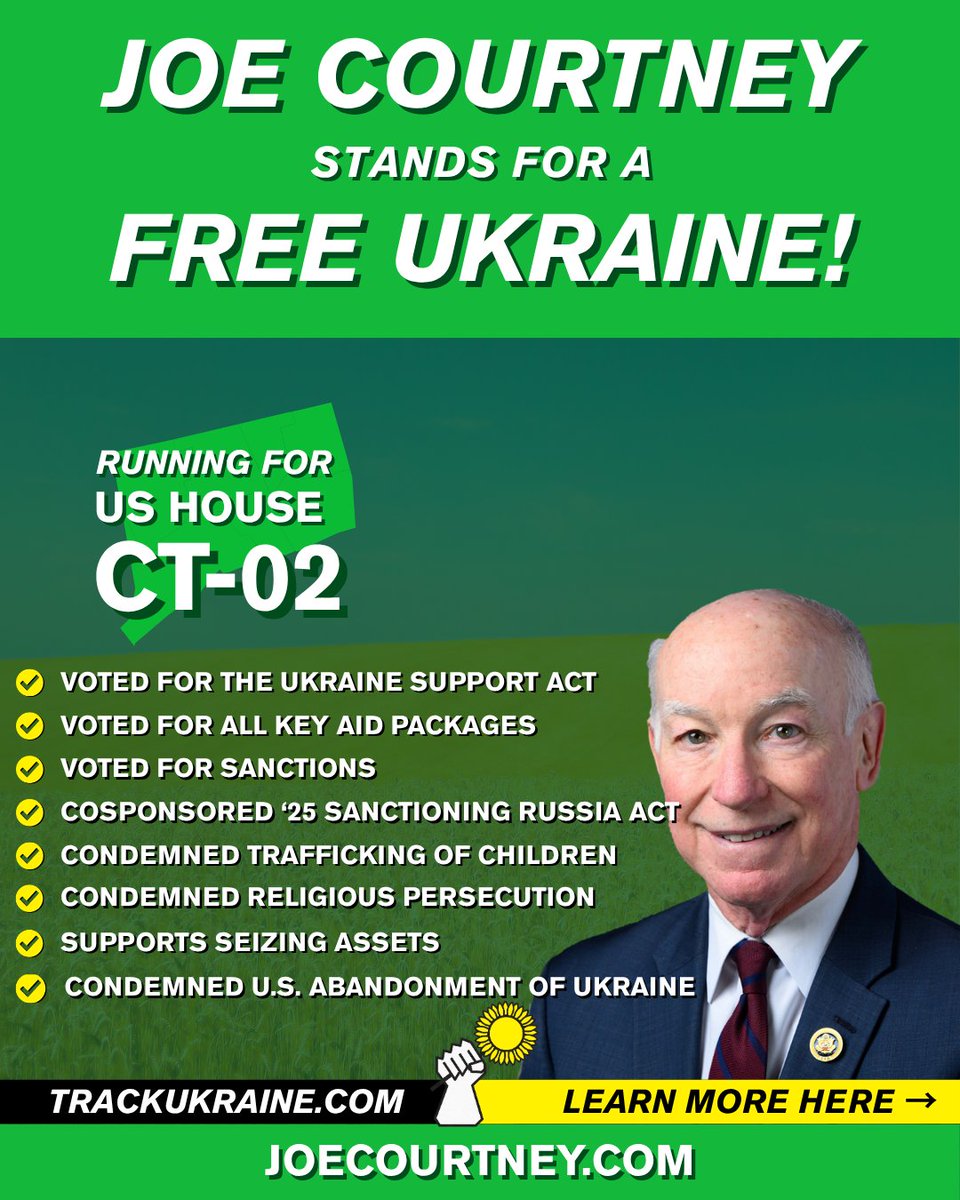 TrackUkraine's tweet photo. CT-02 congressman @JoeCourtneyCT has a pro-Ukraine record.
✅️Voted for all key aid packages
✅️Voted for sanctions
✅️Cosponsored '25 sanctions bill
✅️Condemned trafficking youths
✅️Condemned religious persecution
✅️Supports seizing assets
✅️Condemned U.S. abandonment https://t.co/8y1V2WWW37
