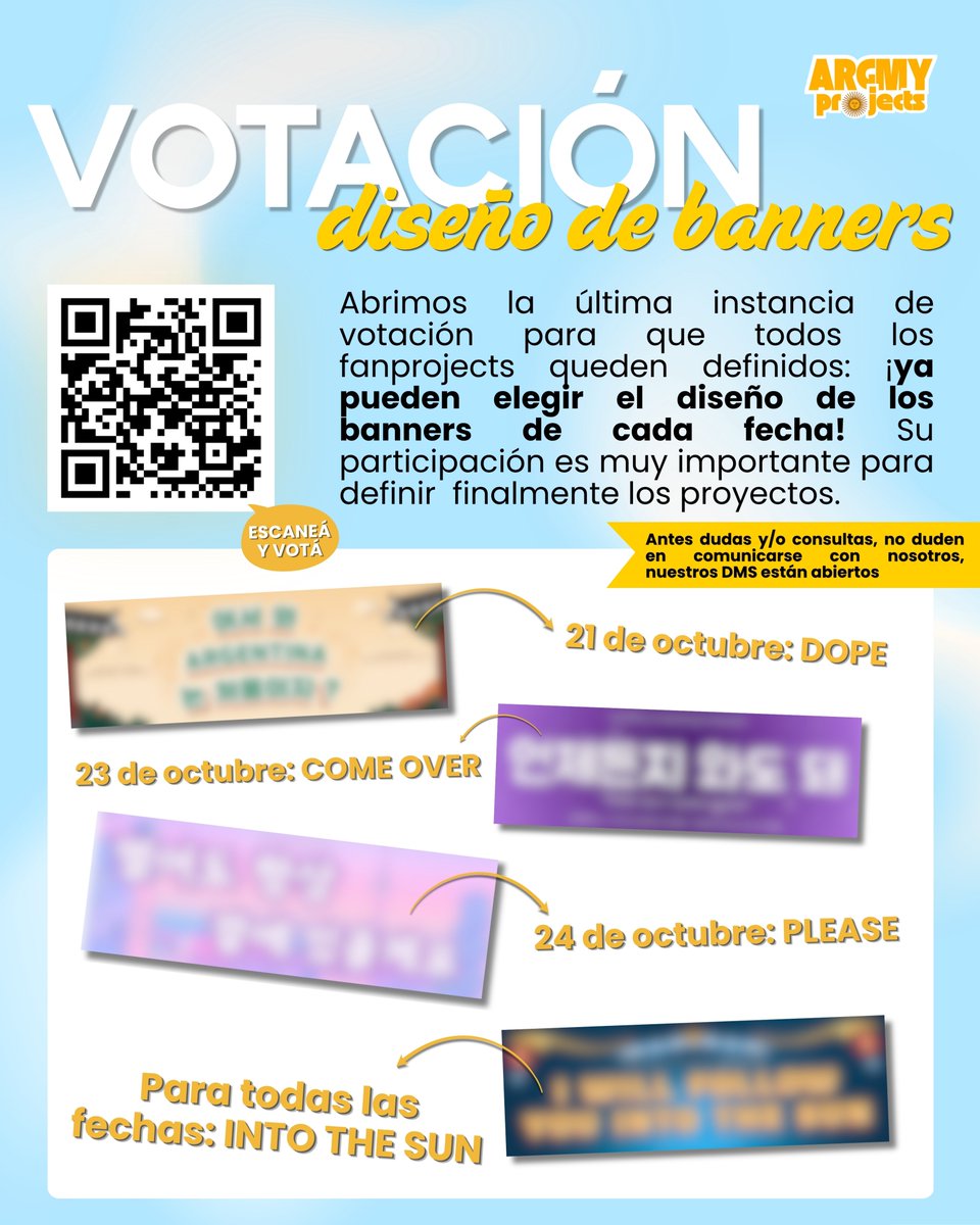 argmyprojects's tweet photo. ¡ARGMY, abrimos la última instancia de votación!

Ya está disponible el formulario para elegir los diseños de banners que se utilizarán en los conciertos de BTS en Argentina 🫶

🔗: https://t.co/LzXphwnelw https://t.co/BgaiDMPFBy