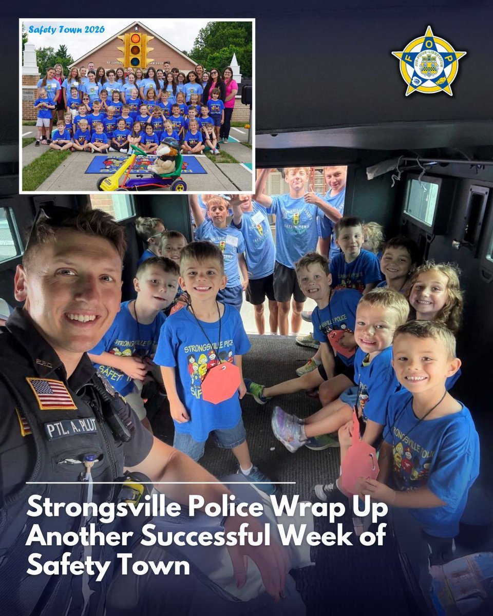 GLFOP's tweet photo. Teaching safety lessons today helps build safer communities tomorrow.

The Strongsville Police Department recently concluded its second week of Safety Town, a program designed to help children prepare for kindergarten while learning important life skills.

Throughout the program, participants received hands-on instruction on topics such as stranger awareness, water safety, internet safety, calling 911, pedestrian safety, and school bus safety.

Programs like Safety Town provide young children with the knowledge and confidence to make safe decisions while creating positive interactions with law enforcement and community volunteers.

The department also recognized the dedicated volunteers, community partners, and local organizations whose support helps make the program possible each year.

Credit: Strongsville Police Department (used for informational purposes)

#SafetyTown #CommunityPolicing #YouthEducation #StrongsvillePD #PublicSafety #FOPStrong #InvestingInTheFuture