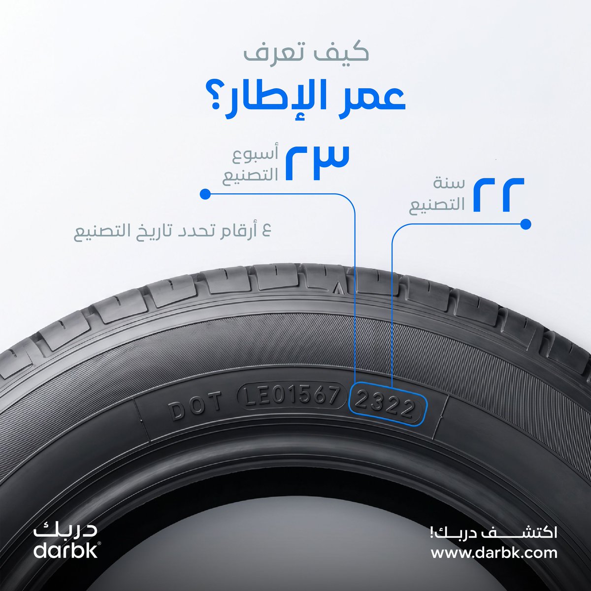 darbktires's tweet photo. تأكد من عمر الإطار لتجنب شراء إطار قديم ولمعرفة الوقت المناسب لتغيير الإطار ✅️ https://t.co/hUUanoExtU