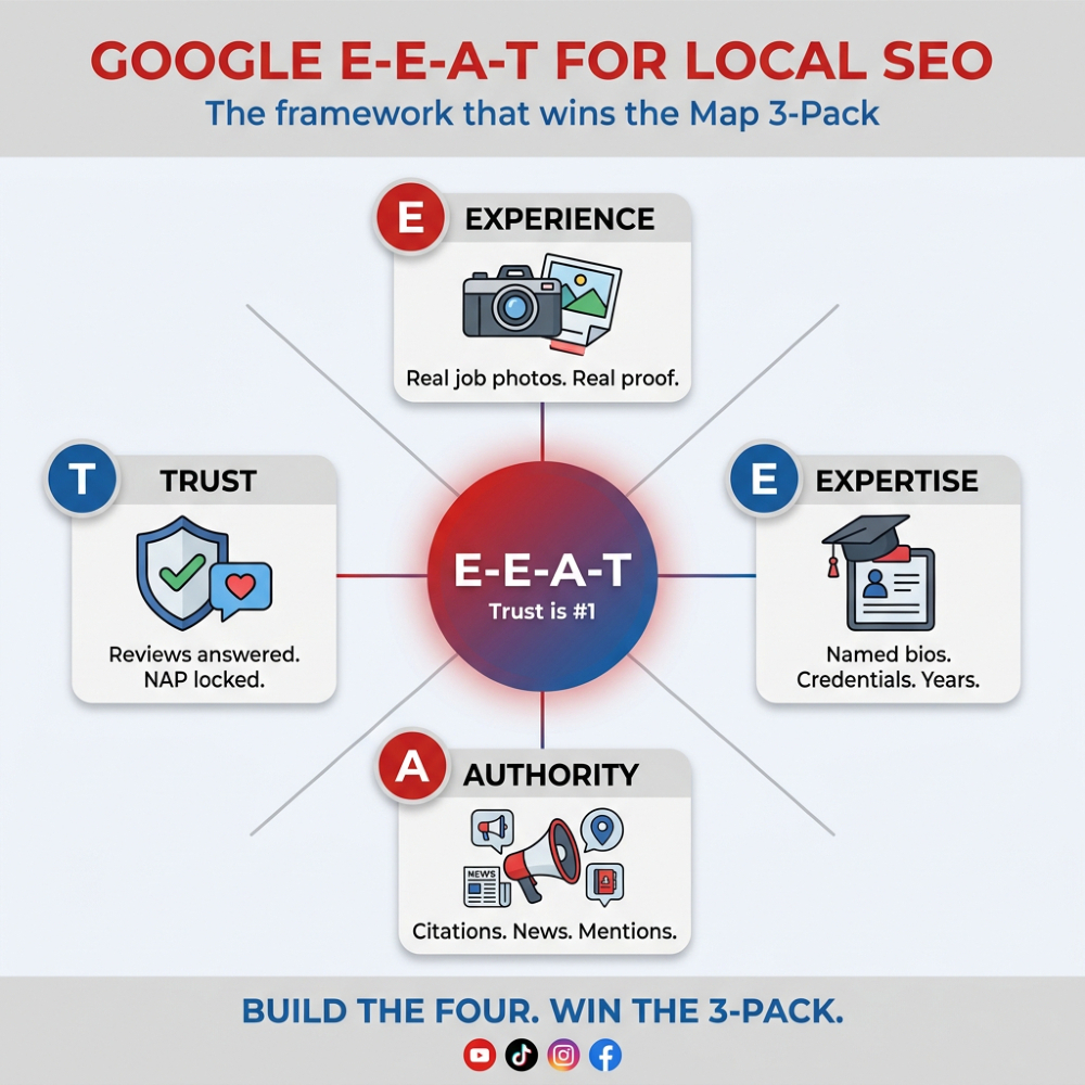 UzairKharawala's tweet photo. Local SEO in 2026 in one line. It's not who's closest. It's who's most trusted. E-E-A-T (Experience, Expertise, Authoritativeness, Trust) is the framework. Most local businesses are still ignoring it. Their loss.
#localseomarketing #localseotips #localseoexpert https://t.co/HbCc3xSF9T