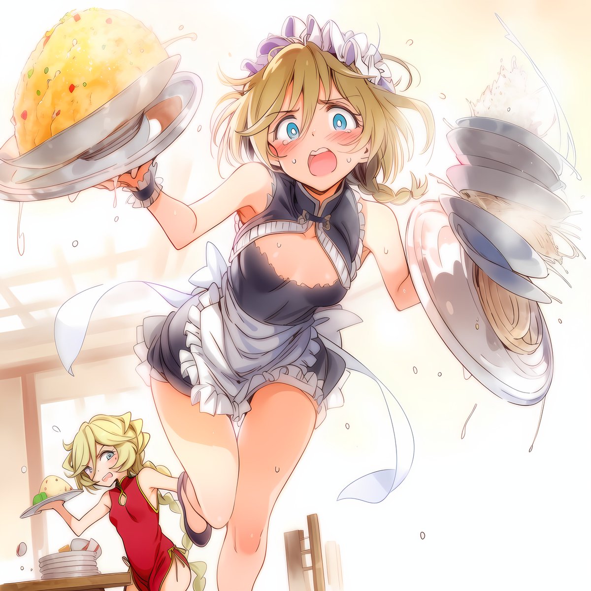 okatyansan's tweet photo. おはようございます。月曜日です、朝からバタバタしております。（財布がみつからない…）元気だしていきましょう。※イラストは中華屋さんでバイト中のエルフナインちゃんのすべって転ぶ瞬間
#symphogear https://t.co/IVxDJ7fUDI