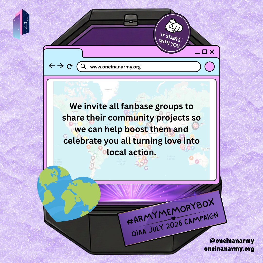 OneInAnARMY's tweet photo. What a better time to boost your projects than during #ARMYMemoryBox! Share your community projects, donation drives, volunteer efforts, or other kindness that’s being done in BTS’s name so we can share them! Drop them below or tag us so we can share them! https://t.co/6SadMQpGMn