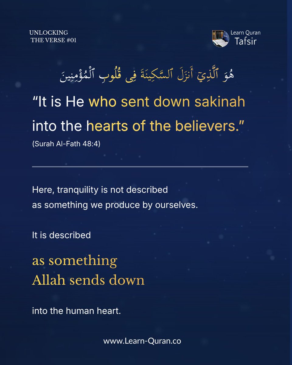 LearnQuranApp's tweet photo. Sakinah is not self-made.

In Surah Al-Fath 48:4, it is something Allah sends down into the hearts of the believers.

Some meanings are easy to miss in translation.

Explore more:
https://t.co/vnCabeYFmN

#QuranReflection https://t.co/jstddXeGFS