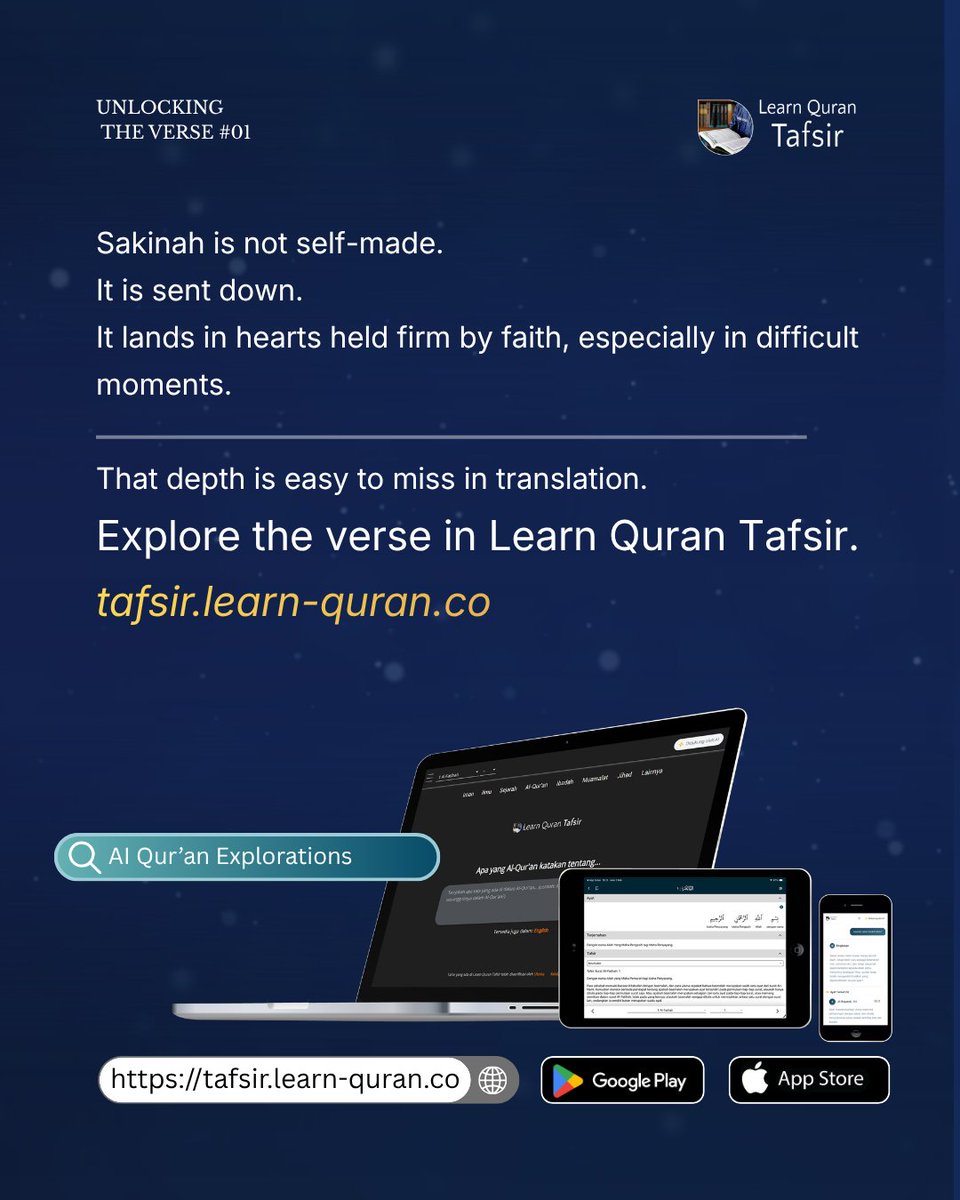 LearnQuranApp's tweet photo. Sakinah is not self-made.

In Surah Al-Fath 48:4, it is something Allah sends down into the hearts of the believers.

Some meanings are easy to miss in translation.

Explore more:
https://t.co/vnCabeYFmN

#QuranReflection https://t.co/jstddXeGFS