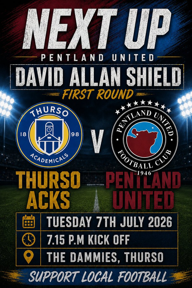 PentlandUnited's tweet photo. Next up a trip to The Dammies for Stabbs as we take on @ThursoAcks in The David Allan Shield First Round on Tuesday night with a 7.15 p.m kick off at The Dammies, Thurso #PUFC #Stabbs #DAShield https://t.co/5fPLAjxpZ3