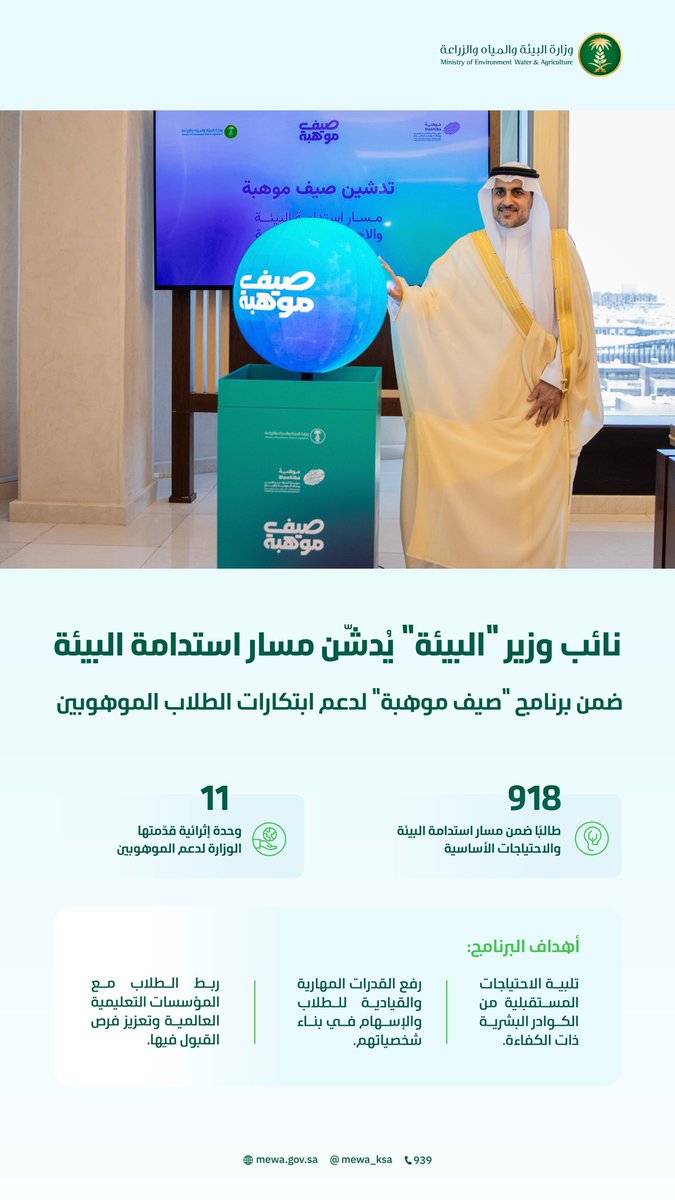 MEWA_KSA's tweet photo. معالي نائب الوزير يدشّن مسار استدامة البيئة والاحتياجات الأساسية ضمن #صيف_موهبة، عبر 11 وحدة نوعية، لتعزيز وعي الطلبة الموهوبين باستدامة الموارد وتشجيعهم على ابتكار حلول تسهم في جودة الحياة. https://t.co/Wf4OI4i0Aw