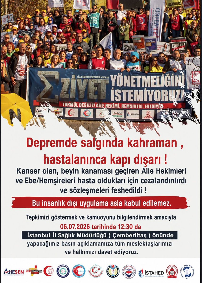 ahesenorgtr's tweet photo. 📢 Hasta olmak suç değildir!

Kanser olduğu, beyin kanaması geçirdiği için sözleşmesi feshedilen aile hekimleri , ebe , hemşireler  için sesimizi yükseltiyoruz.

İnsanlık dışı uygulamalara, haksız cezalara ve güvencesizliğe karşı bir araya geliyoruz.

Çünkü aile hekimliğinde çalışanlar da insan; hastalık cezalandırılamaz!

🗓 06 Temmuz 2026 Pazartesi
🕧 12.30
📍 İstanbul İl Sağlık Müdürlüğü (Çemberlitaş) önü

@drahmetkandemir 
@ahesenorgtr 
@Ahesen2NoluSube 
@saglikbakanligi 
@halksagligigm