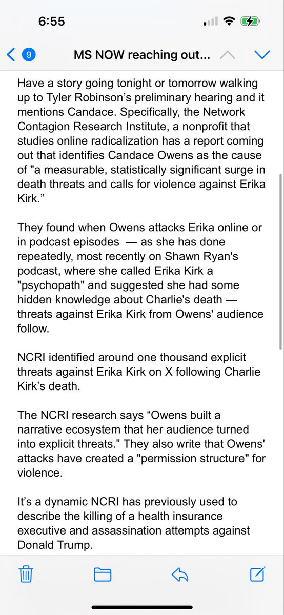 RealCandaceO's tweet photo. NBC is now citing the Shawn Ryan interview as an example of conversations that are deadly to Erika. 

Real e-mail. 

They say it’s akin to rhetoric that caused Trump’s assassination attempt. https://t.co/SsbLIQ0016