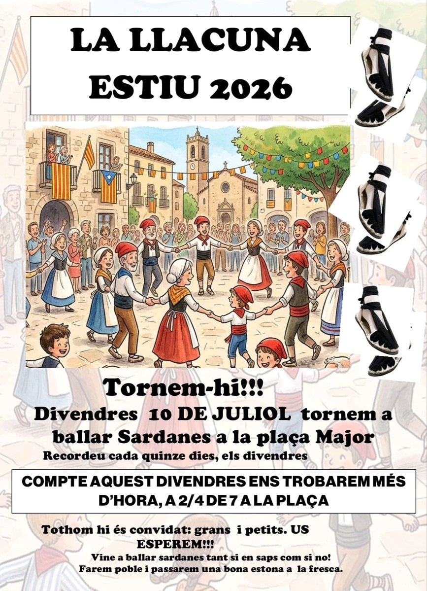 lallacuna's tweet photo. Divendres, 10 de juliol, ballada quinzenal de sardanes a la plaça Major de la Llacuna.

ATENCIÓ, aquest cop una mica abans, de 2/4 de 7 a 2/4 de 8.

Hi haurà persones que n'ensenyaran a qui vulgui aprendre'n.

Tothom hi és convidat!! https://t.co/5ZK4ElG7Y2