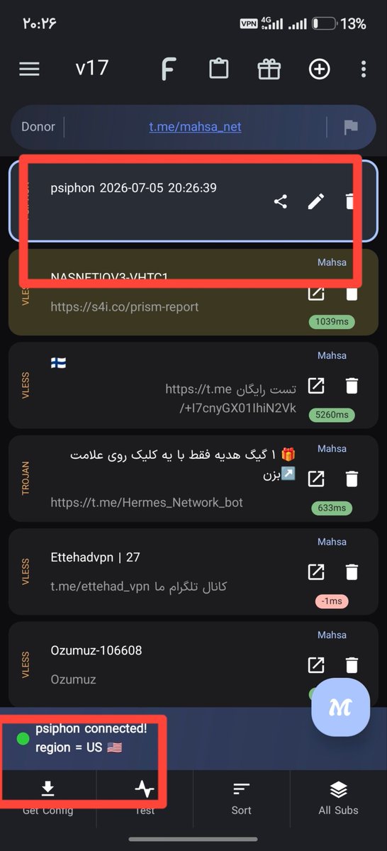 MatinSenPai's tweet photo. تیم مهسا توی آپدیت جدید، یه صفای حسابی به UI دادن😁 اما UI کوچیکترین بخش اپ هست که عالی شده.
۱- هسته‌ی سایفون برای ایران بهینه شده و به راحتی تمام، وصل میشه(الان با همون پیام میدم)
۲- اسکنر قدرتمند اضافه شده برای اسکن آیپی cdn_fronting
۳- الان میتونید از سایفون+آیپی تمیزتون، کانفیگ بسازید. مثلا من اینو ساختم با لوکیشن آمریکا:
psiphon://?region=US&protocol=cdn_fronting&aggressive=ON&cdn_type=any&cdn_ips=104.16.73.68%2C104.18.180.6&cdn_sni=https://t.co/YhARl61gM2&no_sni=false&skip_cert=true&proto_tls=true&proto_http=true&proto_quic=true&builtin=true#psiphon+2026-07-05+20%3A26%3A39
۴- یه منو کامل برای Chain کردن دوتا کانفیگ V2ray(مثلا یه کانفیگ آمریکا دارید که کار نمیکنه، یه کلودفلر دارید که کار میکنه. با کلودفلره وصل میشید به آمریکا و آمریکا VPN نهاییتون میشه)

Thanks♥️ @mahsanet