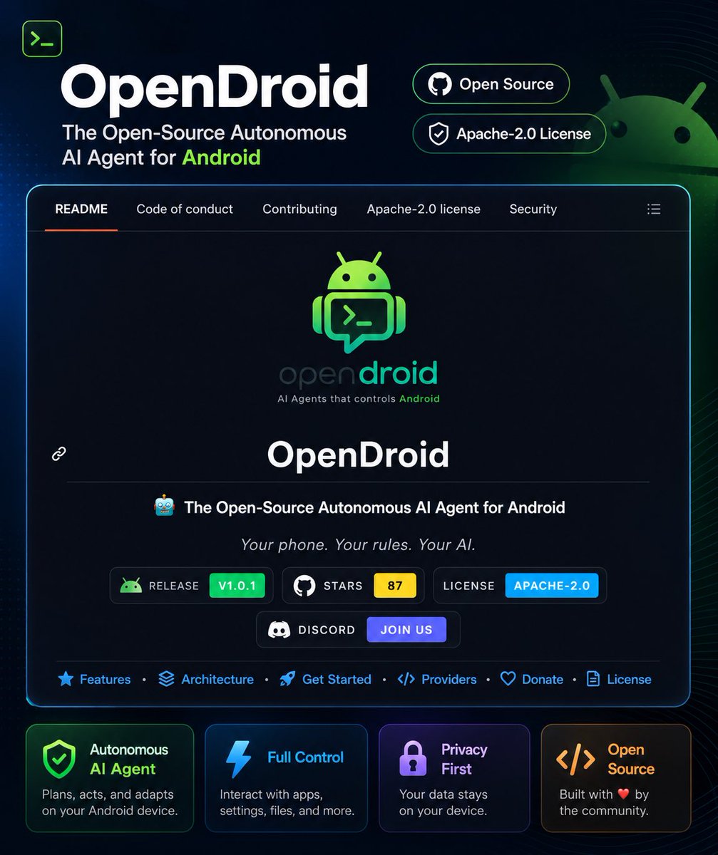 Sn0wbrave's tweet photo. 🤖 وكيل ذكاء اصطناعي مفتوح المصدر يحول هاتف أندرويد إلى مساعد ينفذ المهام بنفسه.

يخطط للمهام خطوة بخطوة، ويتعامل مع الأخطاء، ويتحكم في الهاتف، ويدعم 10 نماذج ذكاء اصطناعي مثل GPT وClaude وGemini وOllama، مع ذاكرة تستمر بين الجلسات. https://t.co/69ziW2Qt4S