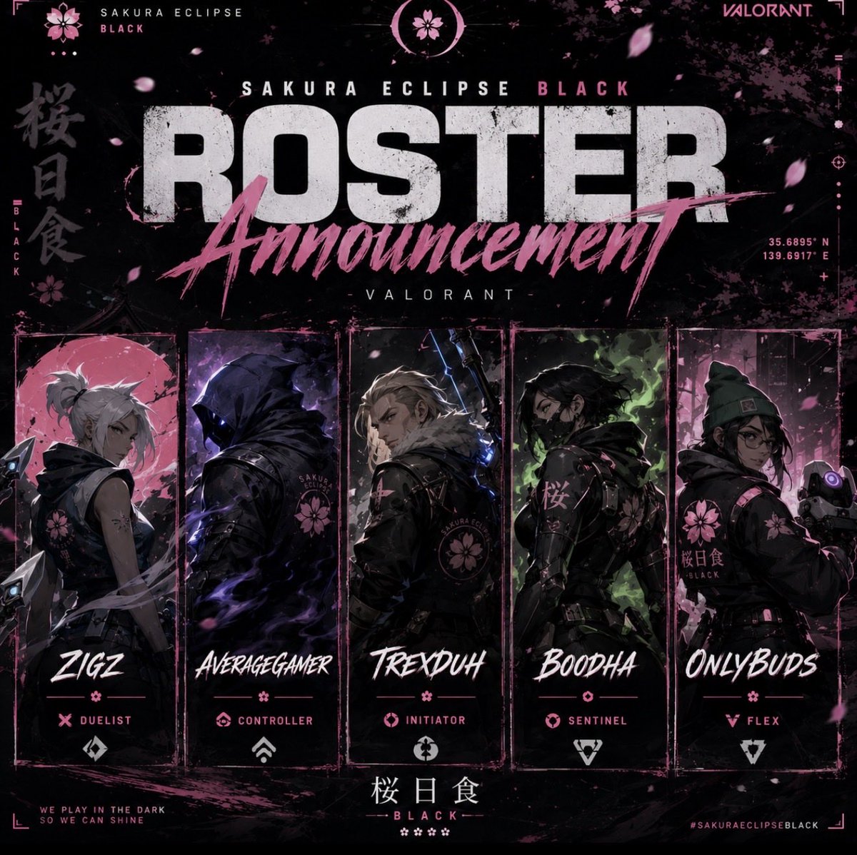 SakuraEclipse10's tweet photo. Sakura Eclipse is happy to announce Sakura Eclipse BLACK.
This is only the beginning for these young stars!

Roster: 
@OnlyBudsG 
@TrashPanda_san 
@xboodha 
@lexahwa 
@tapecowboy https://t.co/vwWbHJeirs