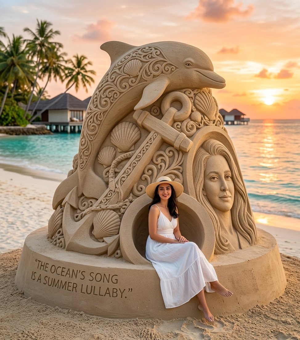 IS7MI's tweet photo. Prompt 🖼⤵️

Create a hyper-realistic cinematic beach scene featuring a monumental handcrafted sand sculpture with a different creative design every time (heart, seashell, starfish, dolphin, sea turtle, anchor, infinity symbol, moon, wave, coral, or other artistic beach-inspired forms). The sculpture is richly decorated with intricate ornamental carvings and includes a detailed sand portrait on one side and an opening where the person from the uploaded reference image sits, preserving the exact facial identity and recognizable facial features while allowing gender, clothing, colors, pose, and hairstyle to vary. Place it on a sand pedestal engraved with a unique inspirational English quote about summer or the ocean that changes every generation. Set on a pristine tropical beach with turquoise water, palm trees, luxury overwater villas, and a vibrant golden sunset. Ultra-detailed sand texture, warm cinematic lighting, symmetrical composition, HDR, DSLR, shallow depth of field, masterpiece, 8K, ultra-photorealistic, no watermark, no logo, no signature.
