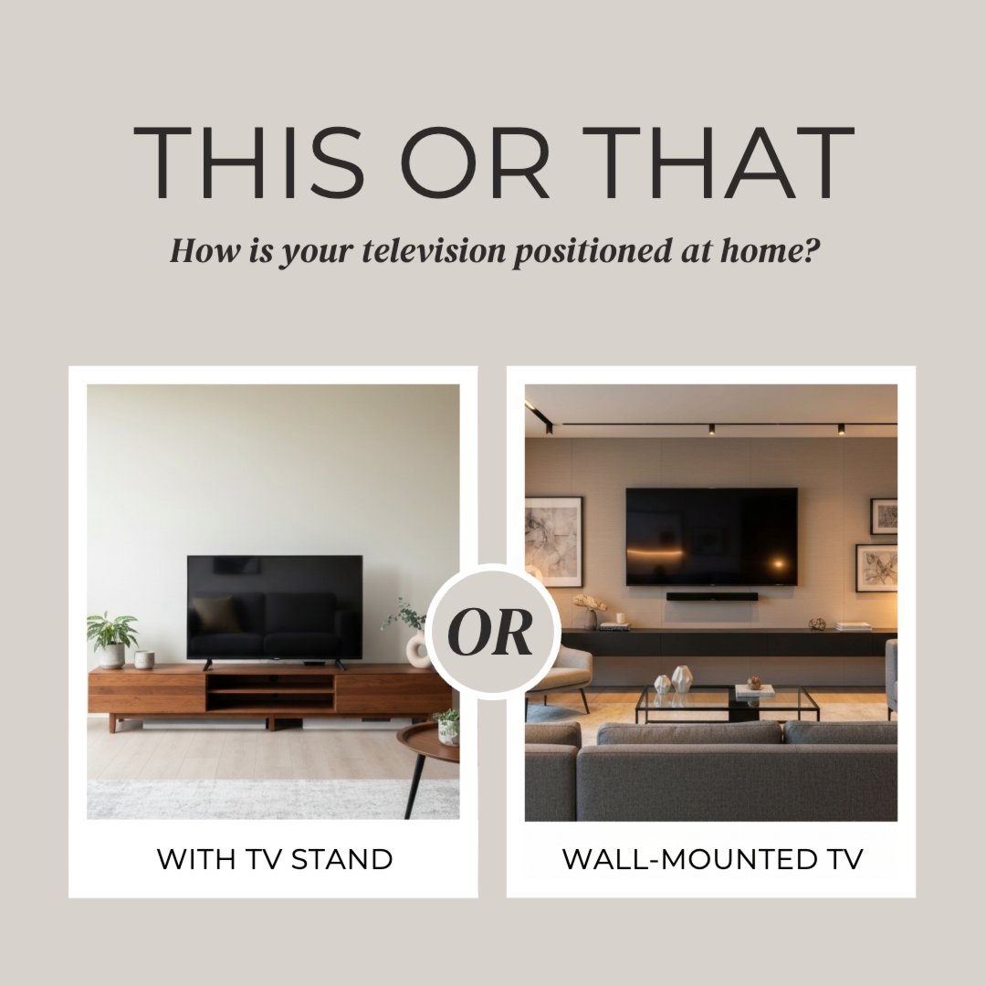 Patishomes's tweet photo. How do you display your TV at home?

Do you prefer a TV stand for a classic touch and additional storage, or do you opt to mount your TV to save space and achieve a modern aesthetic?

#thisorthat #livingroomdesign #tvstand https://t.co/7yn8aeYdPv