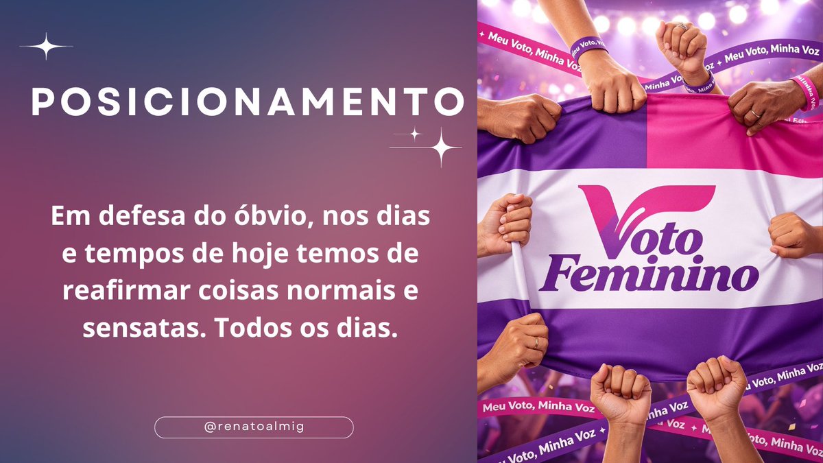 renatoalmig's tweet photo. Vendo alguns comentários e até pasme pessoas "pregando" o fim do voto feminino, seguindo um pensamento e exportando uma ideia torpe, tosca e lixo ideológico dos EUA ou quaisquer outros lugares que sejam.

Uma coisa me deixa muito incomodado, porque existem sim mulheres capazes de liderar o país, assim como mulher tem de ter sua voz, seu direito respeitado na qual também me posiciono a favor não só delas mas também em prol da população trans deste país. Haja vista que mesmo podendo haver divergências etc.

Creio existir espaço para o contraditório e o bom debate e a defesa pela liberdade no qual me tornei uma pessoa de centro-direita mas crendo em valores éticos e coesos com os tempos modernos, sem que para isso haja desrespeito há quem quer que seja e minha luta perpassa aqui nesta rede social a combater o bom combate de separar o joio do trigo diante de extremados aloprados que não enxergam nada além da destruição e do que há de mais retrógrado neste mundo.

#VotoFeminino
#Transfeminismo
#CentroDireita
#BrasilnosTrilhos